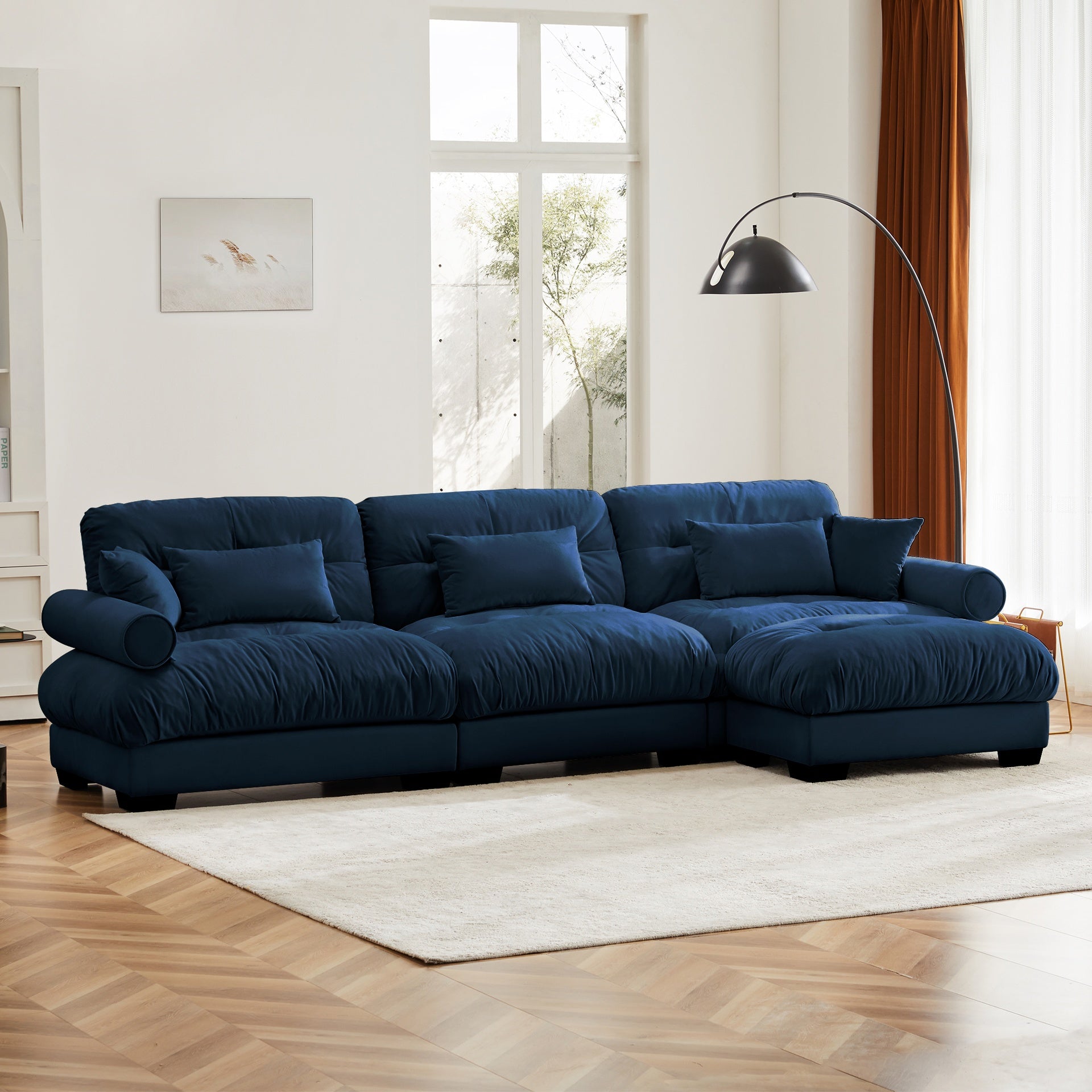 Super Comfort Oversized Modular Velvet Sectional Sofa Couch with Movable Ottoman,Corner Sectional with Bolstered Armrests, Deep Seat Cloud Couch, Convertible L Shaped Couch for Living Room Blue