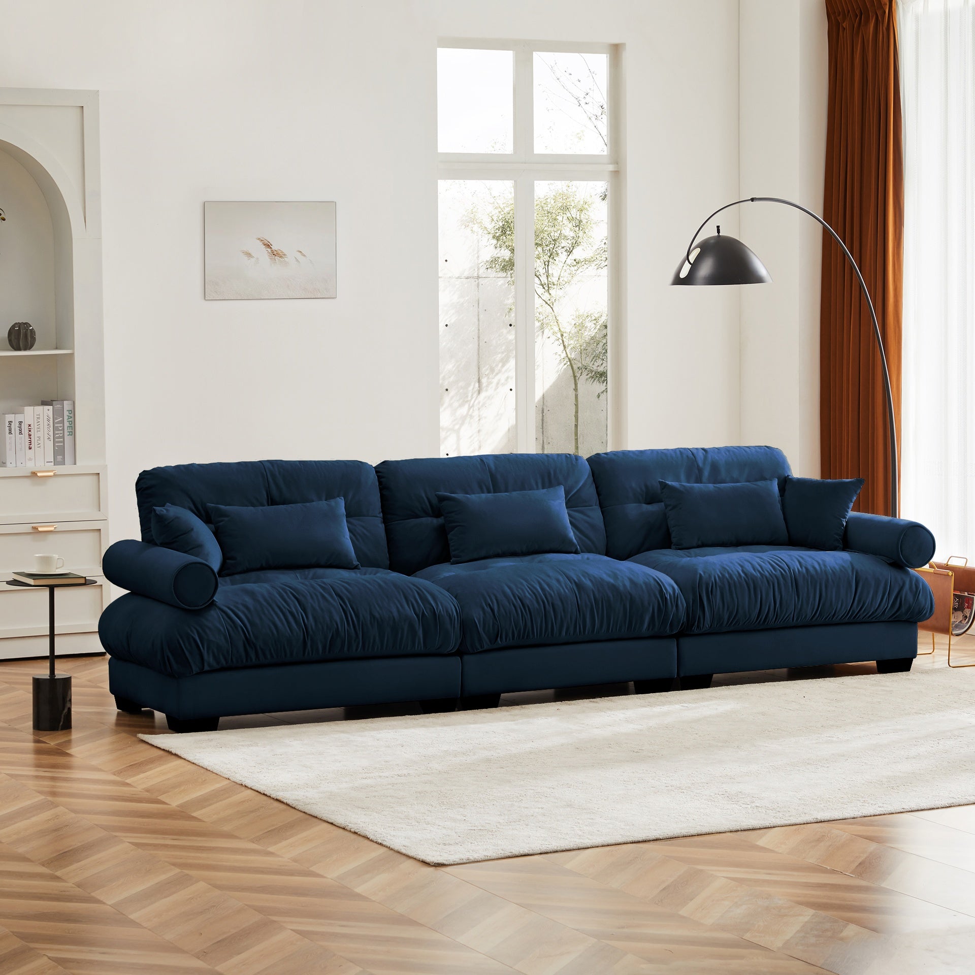 Extra Large  3 Seat Modern Velvet Sofa, Oversize Sofa, Clould Like Comfortable Seat and Back Support, With Waist Pillows and Throw Pillows, Blue