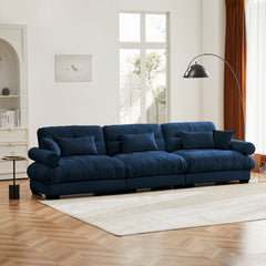 Extra Large  3 Seat Modern Velvet Sofa, Oversize Sofa, Clould Like Comfortable Seat and Back Support, With Waist Pillows and Throw Pillows, Blue
