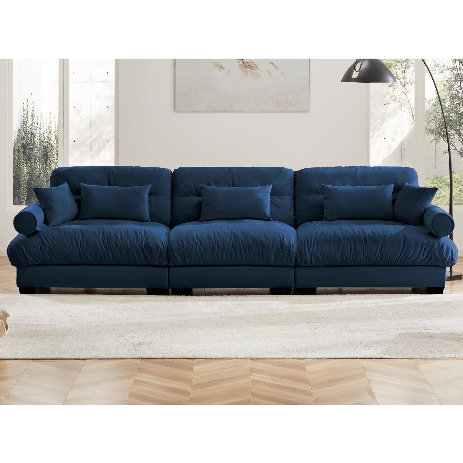Extra Large  3 Seat Modern Velvet Sofa, Oversize Sofa, Clould Like Comfortable Seat and Back Support, With Waist Pillows and Throw Pillows, Blue