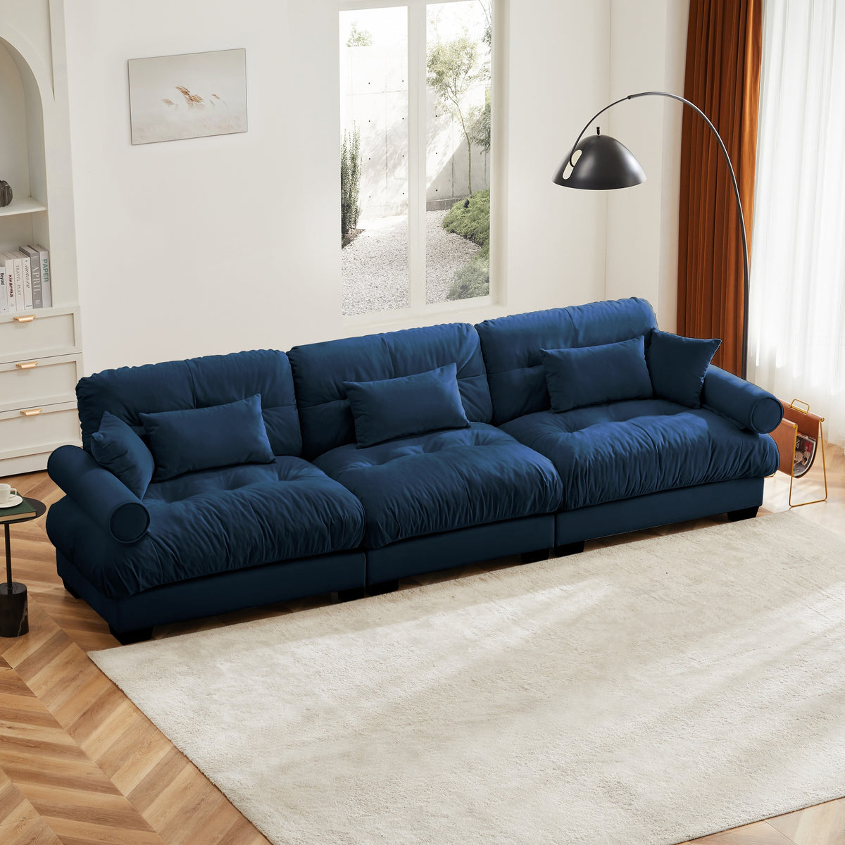 Extra Large  3 Seat Modern Velvet Sofa, Oversize Sofa, Clould Like Comfortable Seat and Back Support, With Waist Pillows and Throw Pillows, Blue