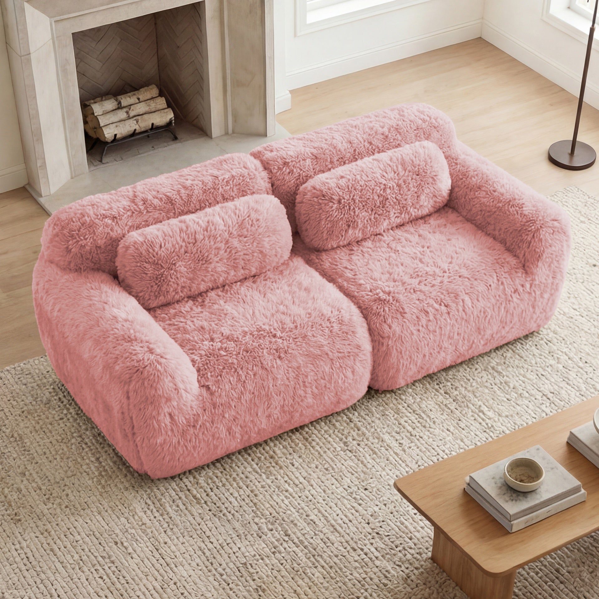 2-seater Modular Sectional Sofa Couches,Soft Fluffy Plush Fabric Bottom Anti-Slip Design,32D High Density Sponge,No Assembly Required Ergonomic Design,With Throw Pillows Fits Living Rooms,Pink
