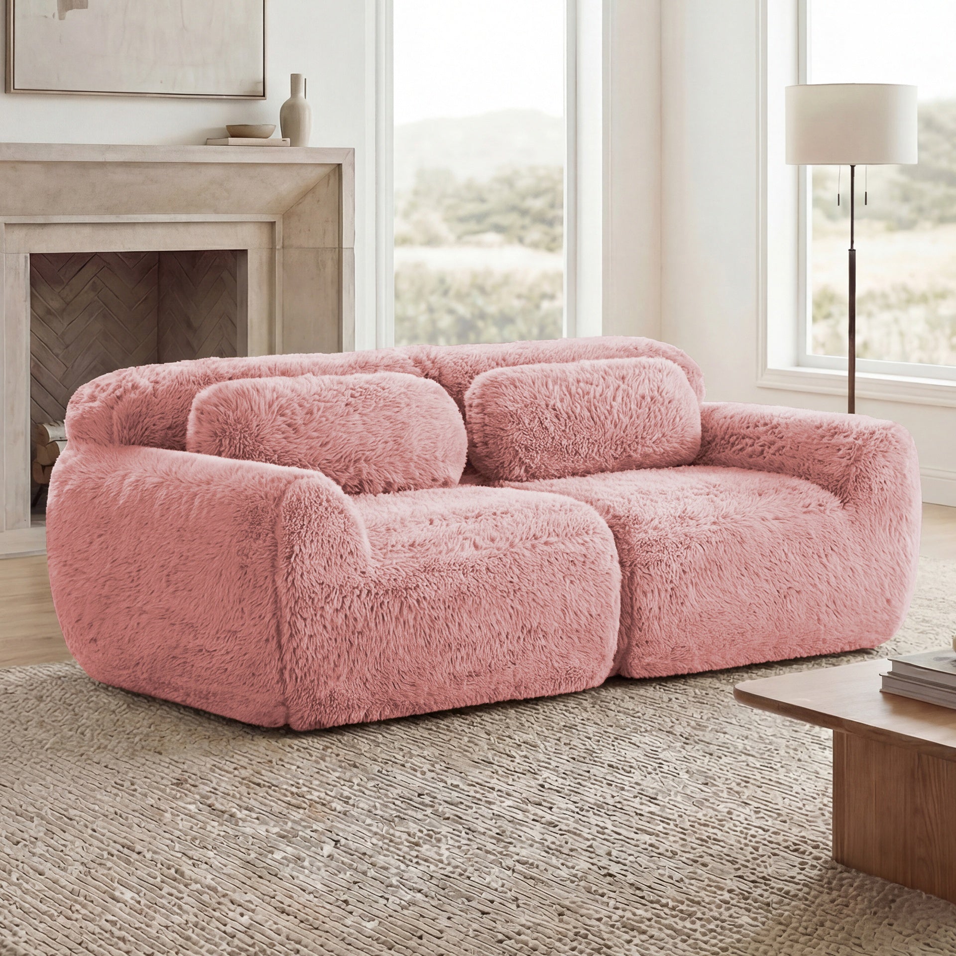 2-seater Modular Sectional Sofa Couches,Soft Fluffy Plush Fabric Bottom Anti-Slip Design,32D High Density Sponge,No Assembly Required Ergonomic Design,With Throw Pillows Fits Living Rooms,Pink