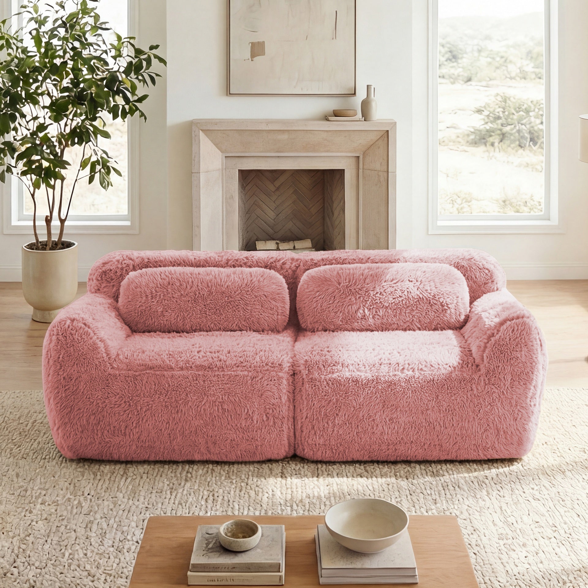 2-seater Modular Sectional Sofa Couches,Soft Fluffy Plush Fabric Bottom Anti-Slip Design,32D High Density Sponge,No Assembly Required Ergonomic Design,With Throw Pillows Fits Living Rooms,Pink