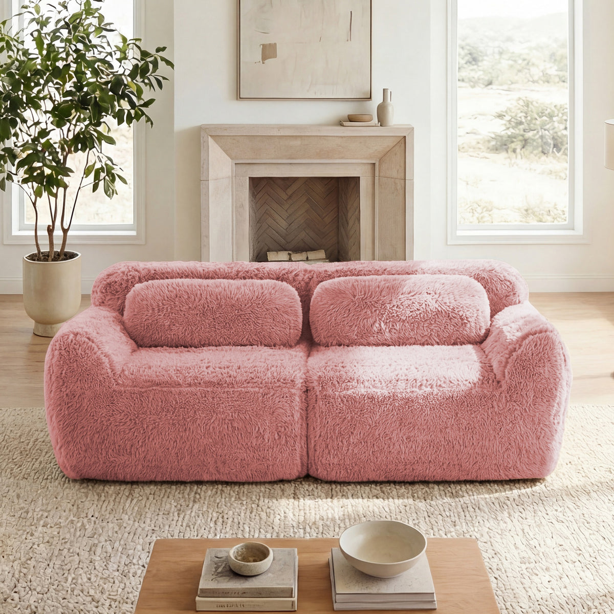 2-seater Modular Sectional Sofa Couches,Soft Fluffy Plush Fabric Bottom Anti-Slip Design,32D High Density Sponge,No Assembly Required Ergonomic Design,With Throw Pillows Fits Living Rooms,Pink