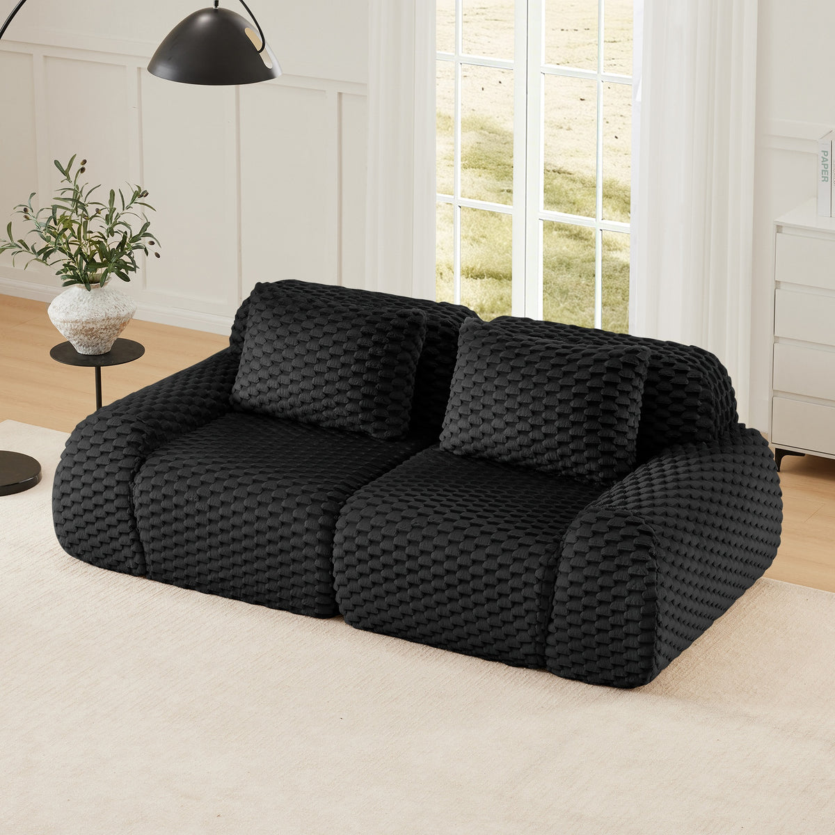 82" Modern Modular Sectional Sofa for Living Room,Flannelette Fabric,highly textured,Oversized 2-Seater Couch with Deep Seat,Buckle connection,Anti-slip Design,No Assembly,boneless sofa,Black