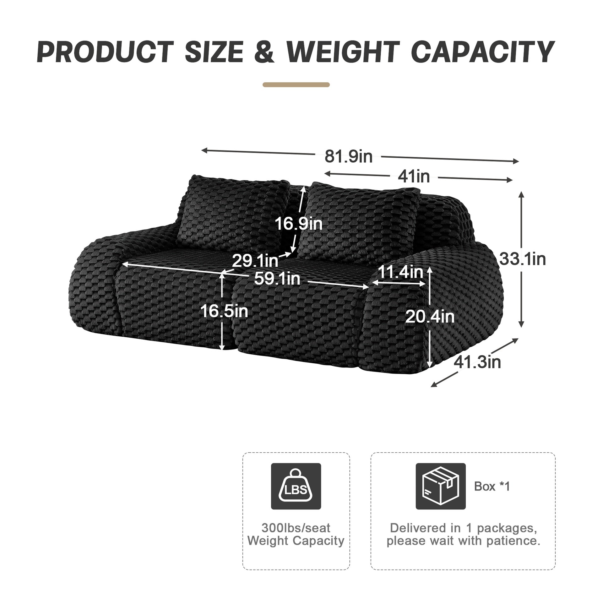 82" Modern Modular Sectional Sofa for Living Room,Flannelette Fabric,highly textured,Oversized 2-Seater Couch with Deep Seat,Buckle connection,Anti-slip Design,No Assembly,boneless sofa,Black