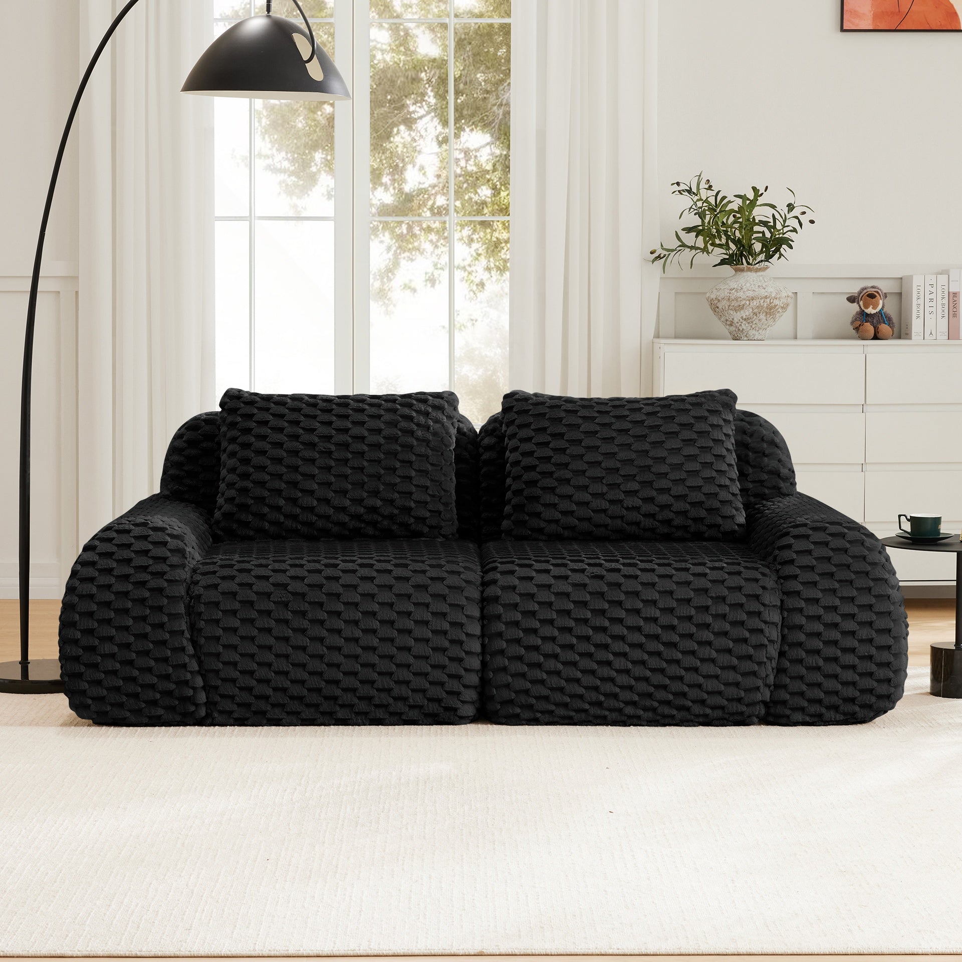 82" Modern Modular Sectional Sofa for Living Room,Flannelette Fabric,highly textured,Oversized 2-Seater Couch with Deep Seat,Buckle connection,Anti-slip Design,No Assembly,boneless sofa,Black