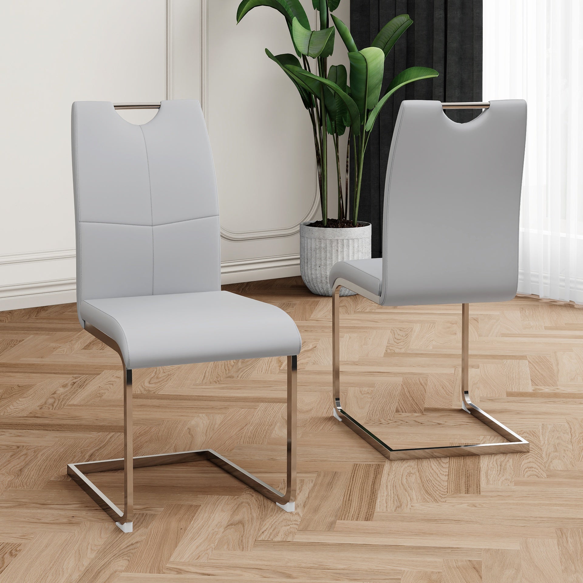 Modern Dining Chairs with Faux Leather Padded Seat Dining Living Room Chairs Upholstered Chair with Chrome Metal Legs Design for Kitchen, Living, Bedroom, Dining Room Side Chairs Set of 2