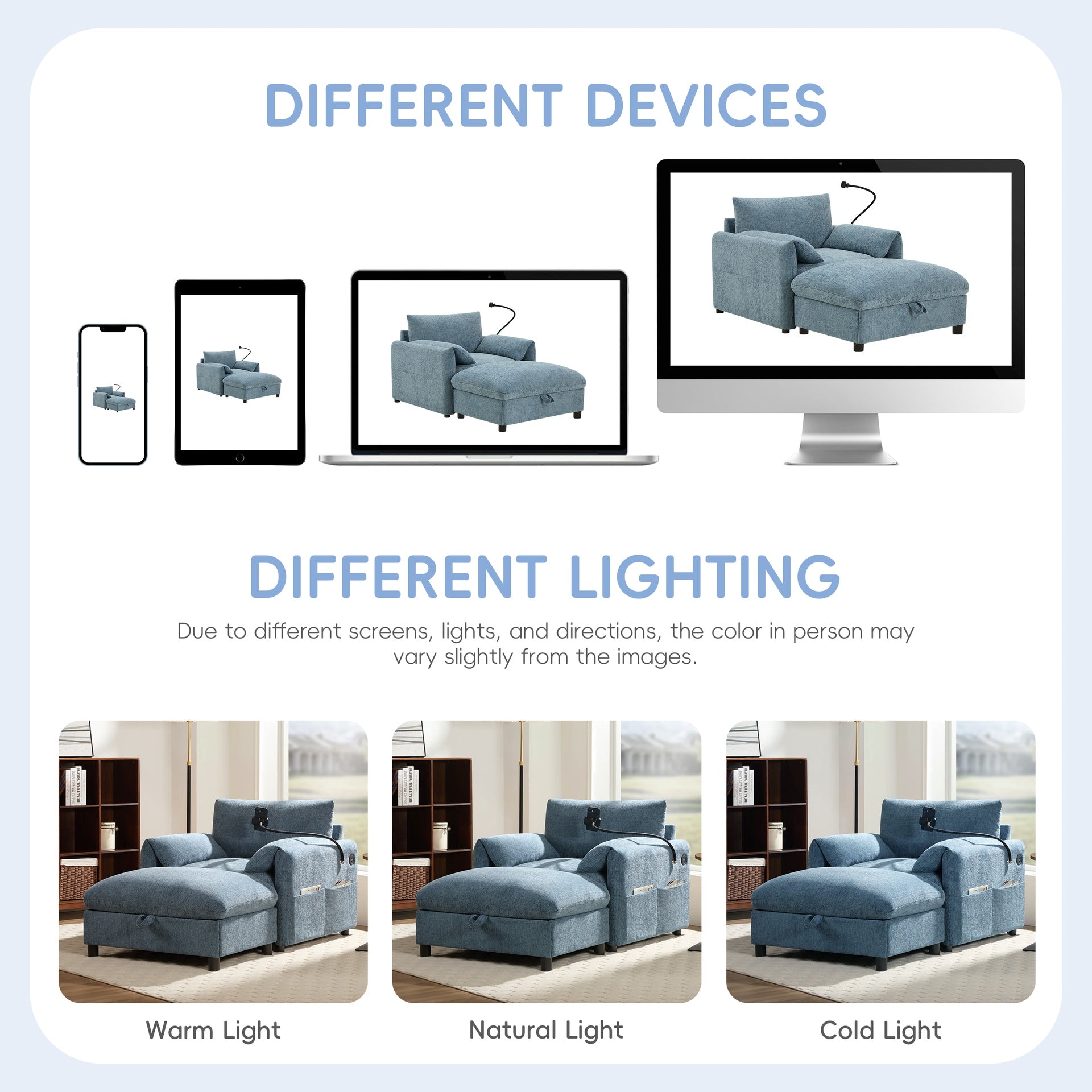 37" Single Sofa with Storage Ottoman, Adjustable Phone Holder, Dual-Port Charger, Storage Pockets, Elephant Ear Armrest, Comfy Chenille Armchair, Modern Cloud Chaise Lounge for Living Room&Apartment