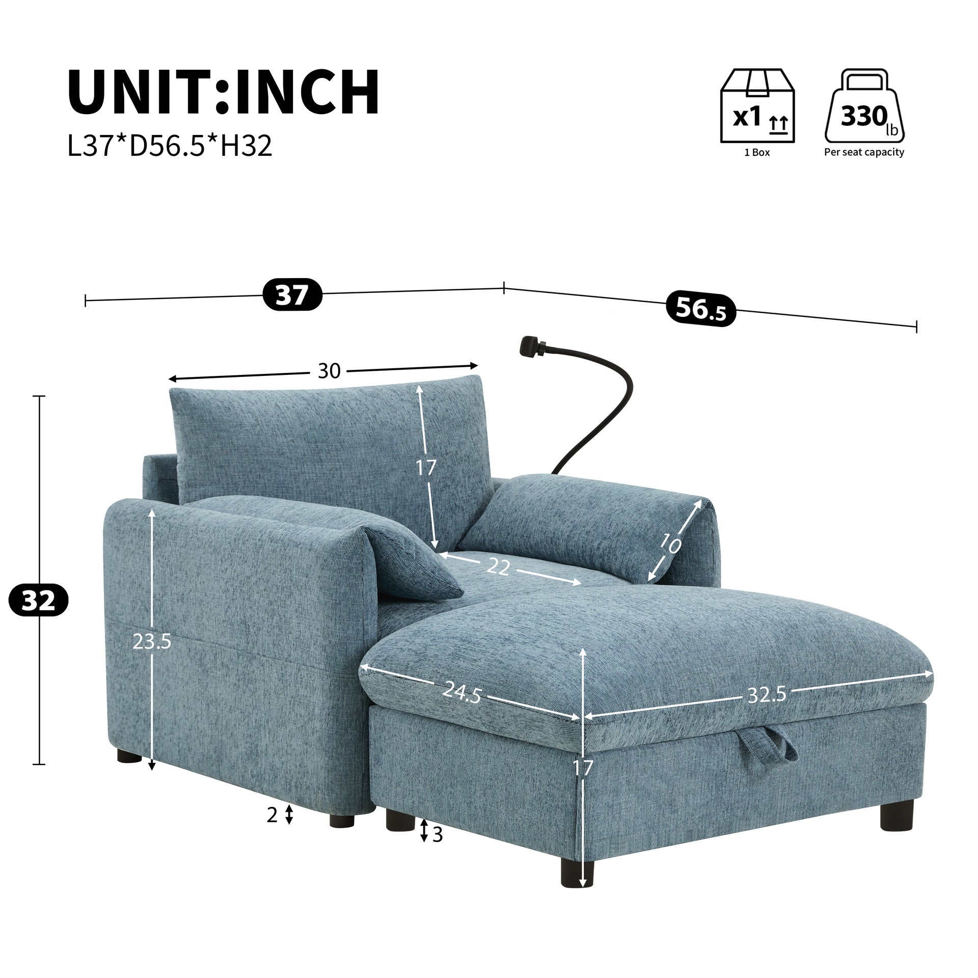 37" Single Sofa with Storage Ottoman, Adjustable Phone Holder, Dual-Port Charger, Storage Pockets, Elephant Ear Armrest, Comfy Chenille Armchair, Modern Cloud Chaise Lounge for Living Room&Apartment