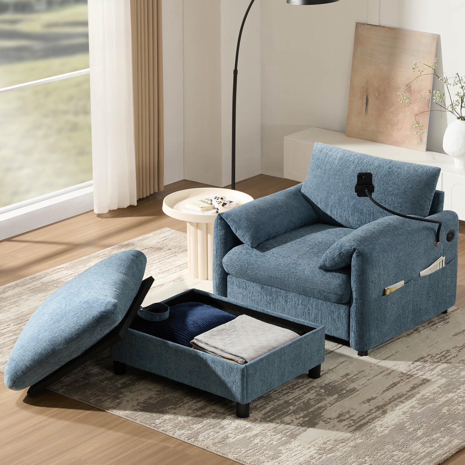 37" Single Sofa with Storage Ottoman, Adjustable Phone Holder, Dual-Port Charger, Storage Pockets, Elephant Ear Armrest, Comfy Chenille Armchair, Modern Cloud Chaise Lounge for Living Room&Apartment