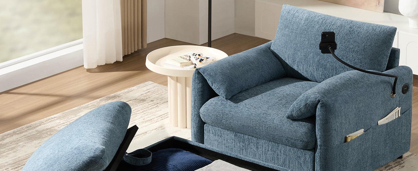 37" Single Sofa with Storage Ottoman, Adjustable Phone Holder, Dual-Port Charger, Storage Pockets, Elephant Ear Armrest, Comfy Chenille Armchair, Modern Cloud Chaise Lounge for Living Room&Apartment