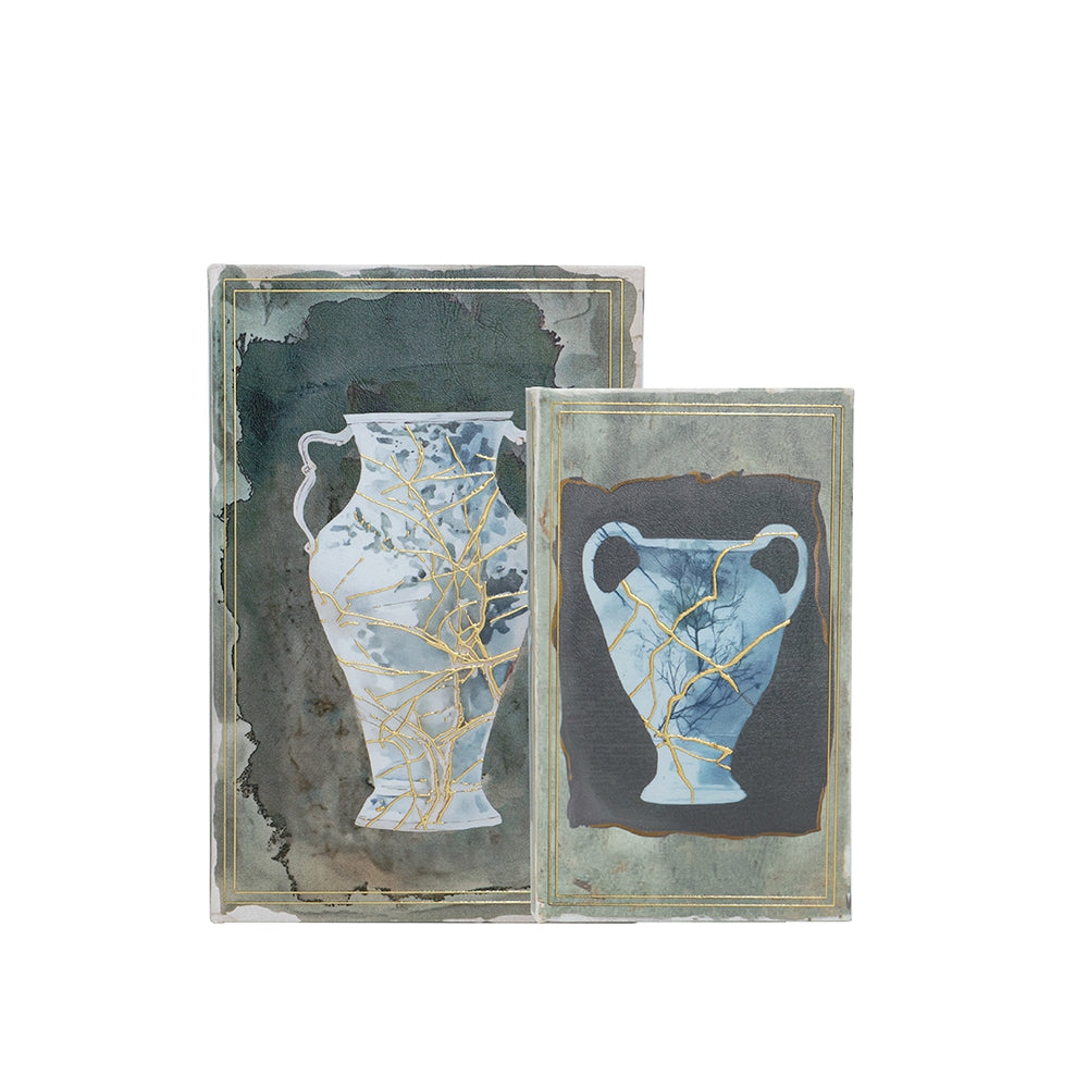 Set of 2 Decorative Book Boxes with Blue and Gold Vase Motifs, L:7x3x10.5" S:5x2x8.3"