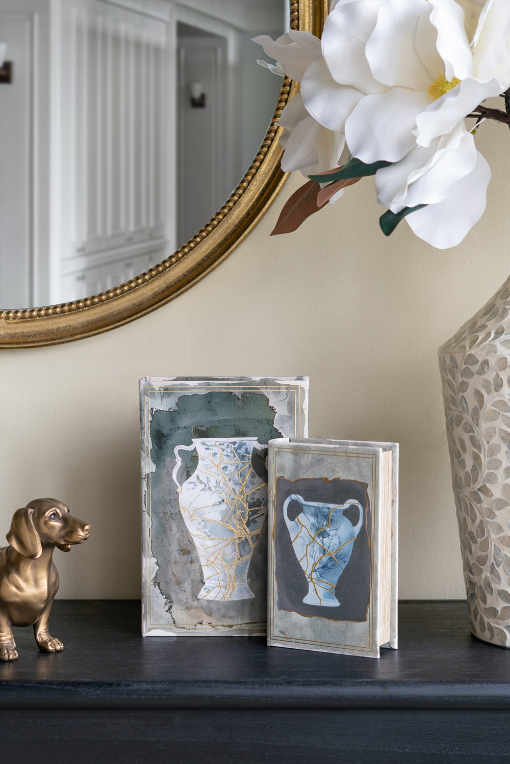 Set of 2 Decorative Book Boxes with Blue and Gold Vase Motifs, L:7x3x10.5" S:5x2x8.3"