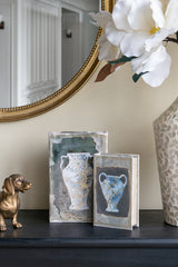 Set of 2 Decorative Book Boxes with Blue and Gold Vase Motifs, L:7x3x10.5" S:5x2x8.3"