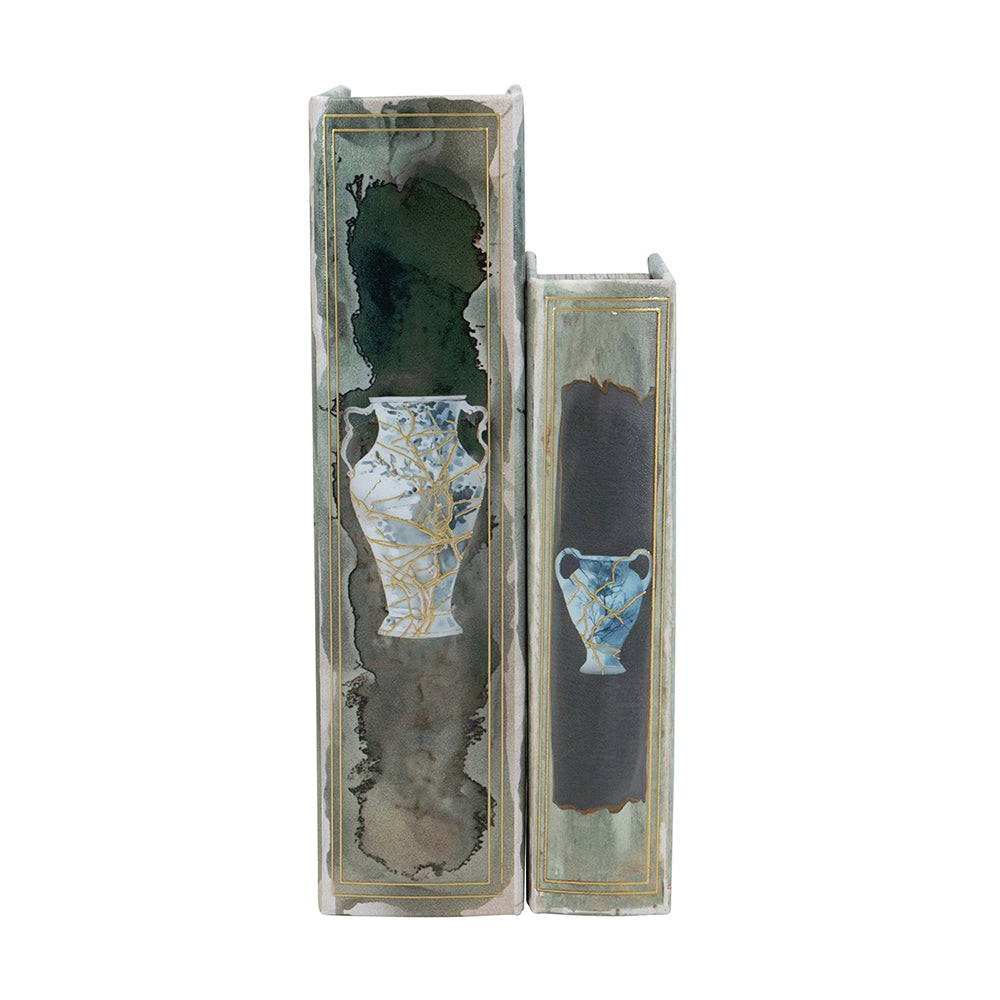 Set of 2 Decorative Book Boxes with Blue and Gold Vase Motifs, L:7x3x10.5" S:5x2x8.3"