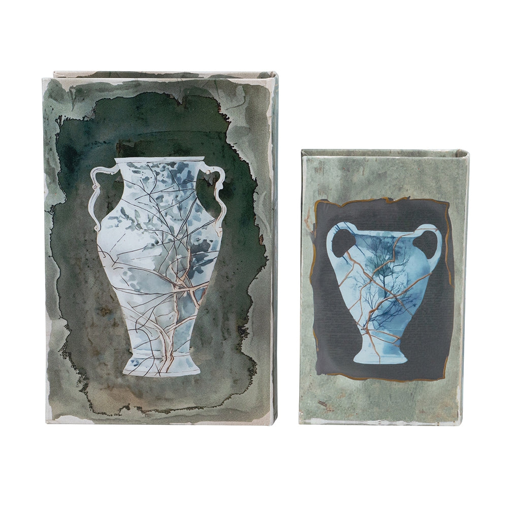 Set of 2 Decorative Book Boxes with Blue and Gold Vase Motifs, L:7x3x10.5" S:5x2x8.3"