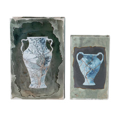 Set of 2 Decorative Book Boxes with Blue and Gold Vase Motifs, L:7x3x10.5" S:5x2x8.3"