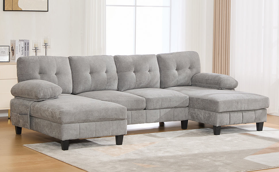 U-shaped Sectional Sofa 103.5" Chenille Fabric Couch with Dual Chaise Lounges, Storage Pockets and Armrest Pillows for Living Room, Grey