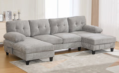 U-shaped Sectional Sofa 103.5" Chenille Fabric Couch with Dual Chaise Lounges, Storage Pockets and Armrest Pillows for Living Room, Grey