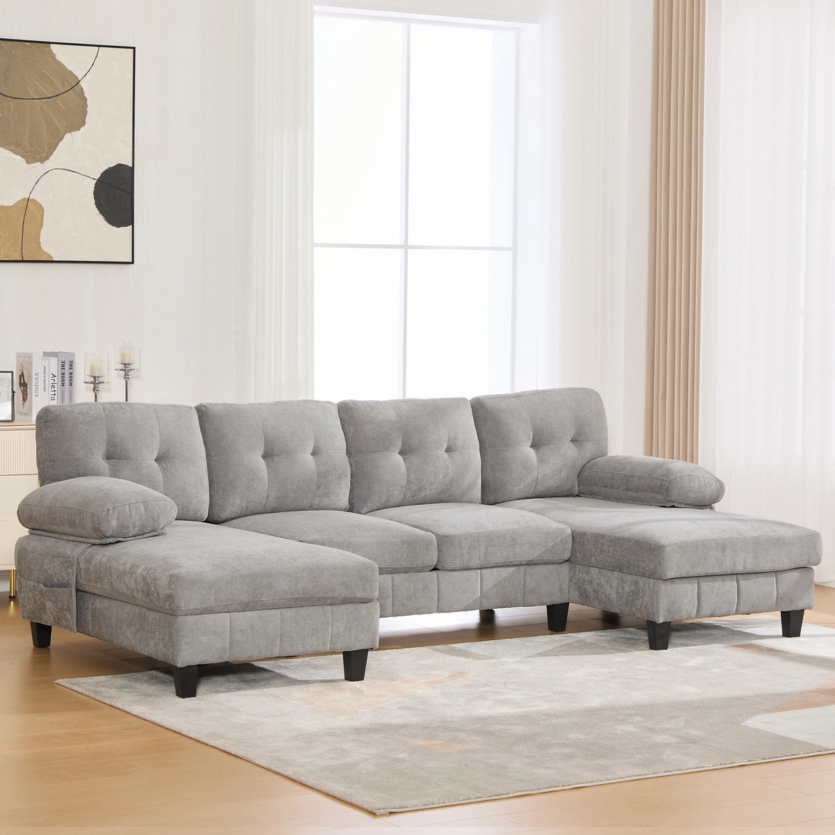 U-shaped Sectional Sofa 103.5" Chenille Fabric Couch with Dual Chaise Lounges, Storage Pockets and Armrest Pillows for Living Room, Grey