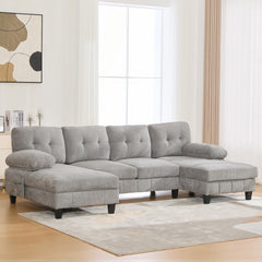 U-shaped Sectional Sofa 103.5" Chenille Fabric Couch with Dual Chaise Lounges, Storage Pockets and Armrest Pillows for Living Room, Grey