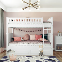 Full Over Full Bunk Bed with Twin Size Trundle, Pine Wood Bunk Bed with Guardrails, White