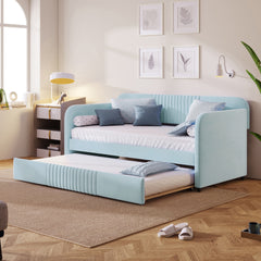 Upholstered Daybed Sofa Bed Twin Size With Trundle Bed and Wood Slat, Light Blue