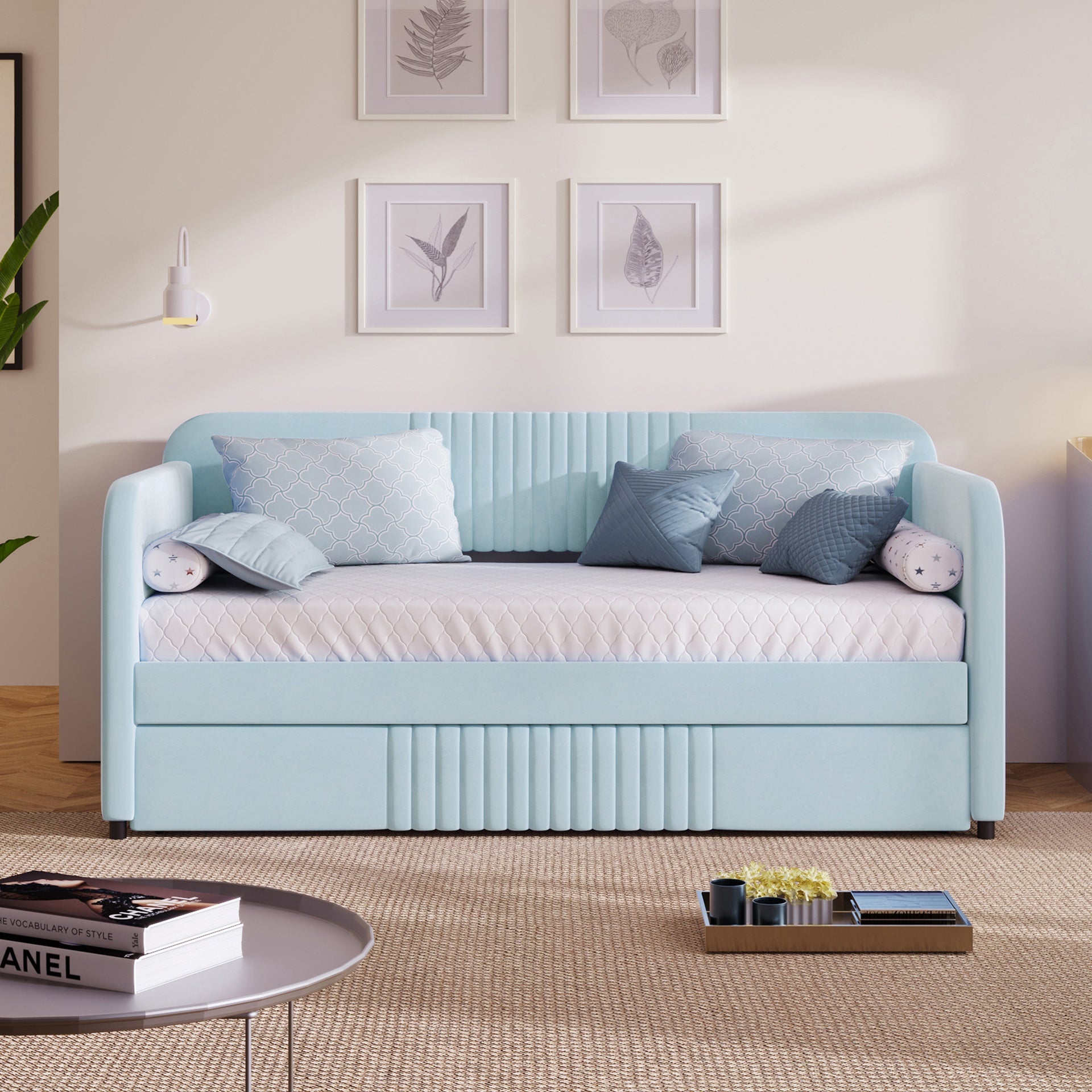 Upholstered Daybed Sofa Bed Twin Size With Trundle Bed and Wood Slat, Light Blue