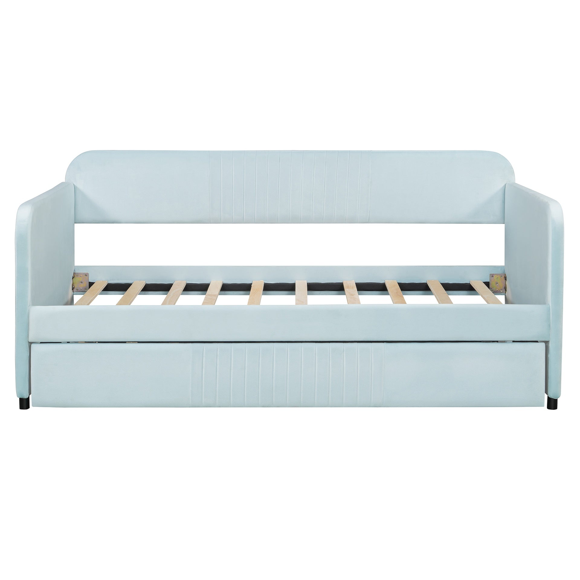 Upholstered Daybed Sofa Bed Twin Size With Trundle Bed and Wood Slat, Light Blue