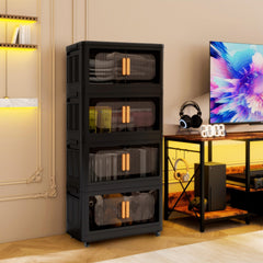 Black,20" Side Wide Folding Storage Cabinet ,4 Tiers,19.69"×11.81"×40.55",Collapsible Storage Bins with Magnetic Door, Plastic Storage Cabinet with Wheels