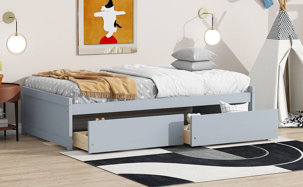 Twin Size Bed with 2 Drawers, Solid Rubber Wood Bed,Grey
