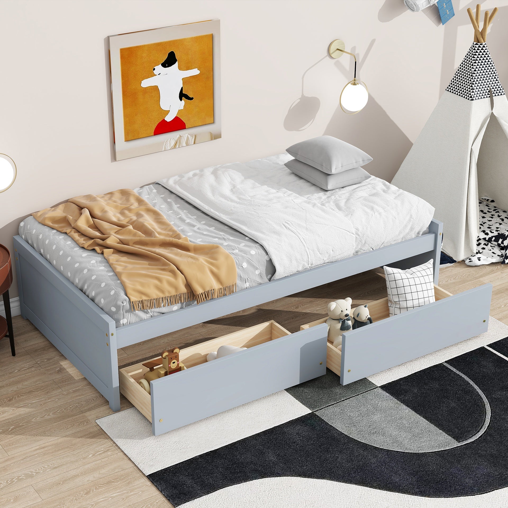 Twin Size Bed with 2 Drawers, Solid Rubber Wood Bed,Grey