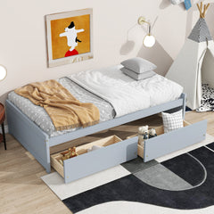 Twin Size Bed with 2 Drawers, Solid Rubber Wood Bed,Grey