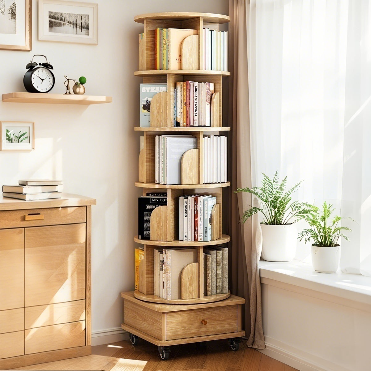 6 Tier Rotating Bookshelf, 360° Display Round Spinning Bookshelf with Wheels and Drawer, Space-Saving, Small Space Rotating Bookshelf Tower for Bedroom, Living Room, Home, Office, Wood Color