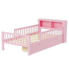 Twin Size Bed with Headboard Storage Rack, Two Under-Bed Drawers, Three-Side Guardrails for Safety and Security,Pink