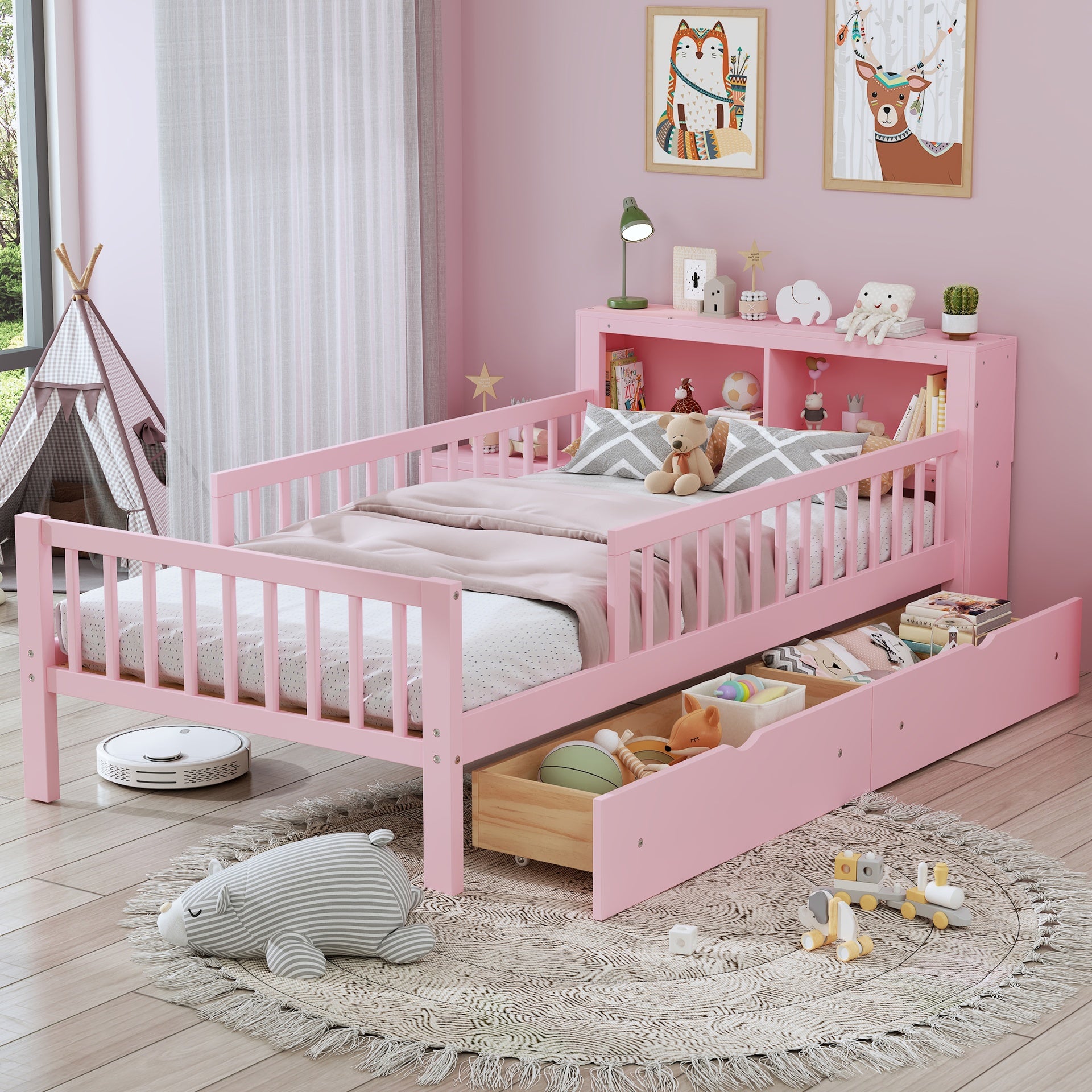 Twin Size Bed with Headboard Storage Rack, Two Under-Bed Drawers, Three-Side Guardrails for Safety and Security,Pink