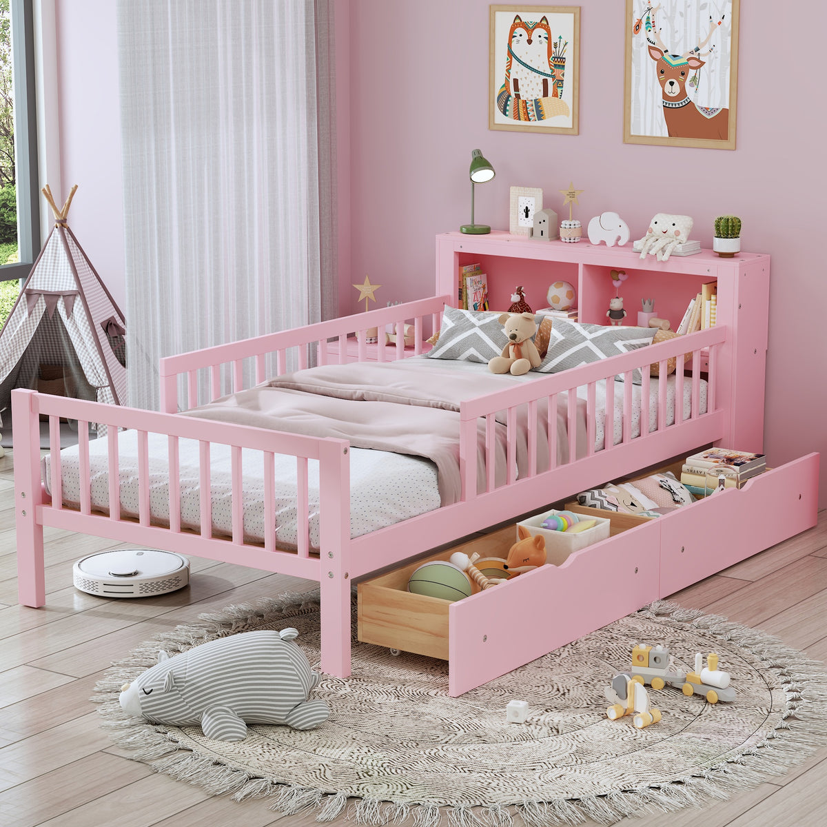 Twin Size Bed with Headboard Storage Rack, Two Under-Bed Drawers, Three-Side Guardrails for Safety and Security,Pink