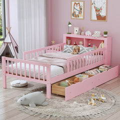 Twin Size Bed with Headboard Storage Rack, Two Under-Bed Drawers, Three-Side Guardrails for Safety and Security,Pink