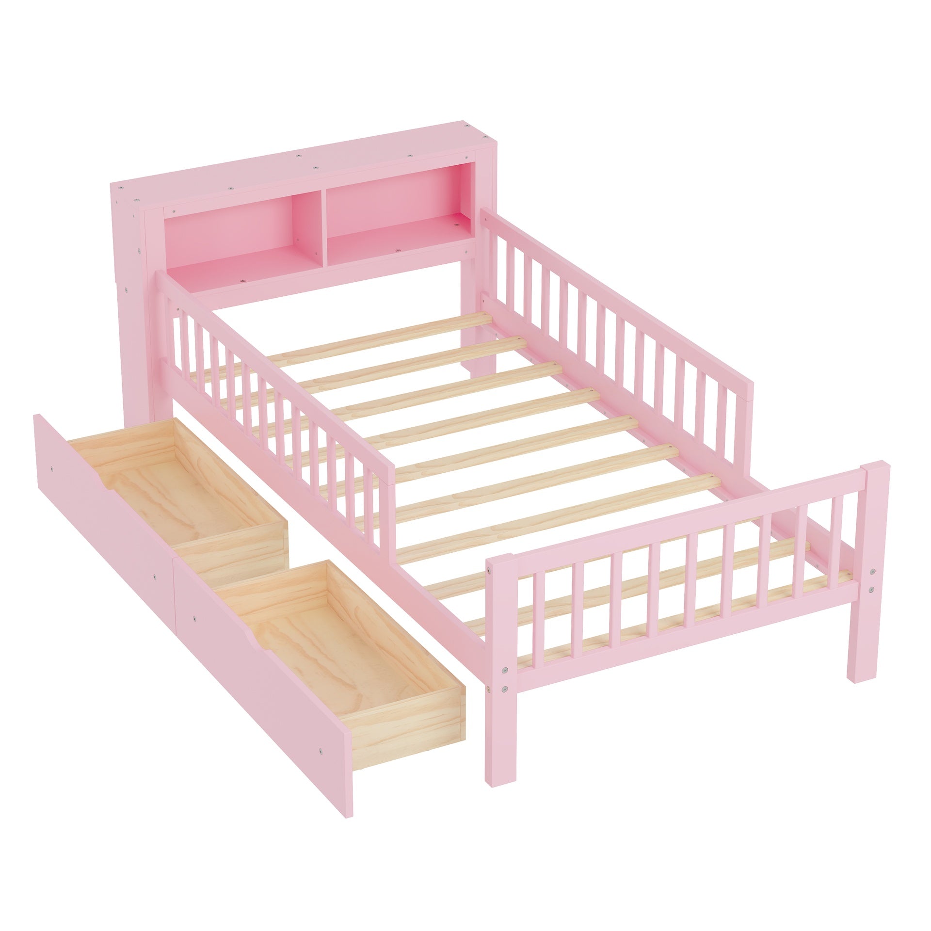 Twin Size Bed with Headboard Storage Rack, Two Under-Bed Drawers, Three-Side Guardrails for Safety and Security,Pink
