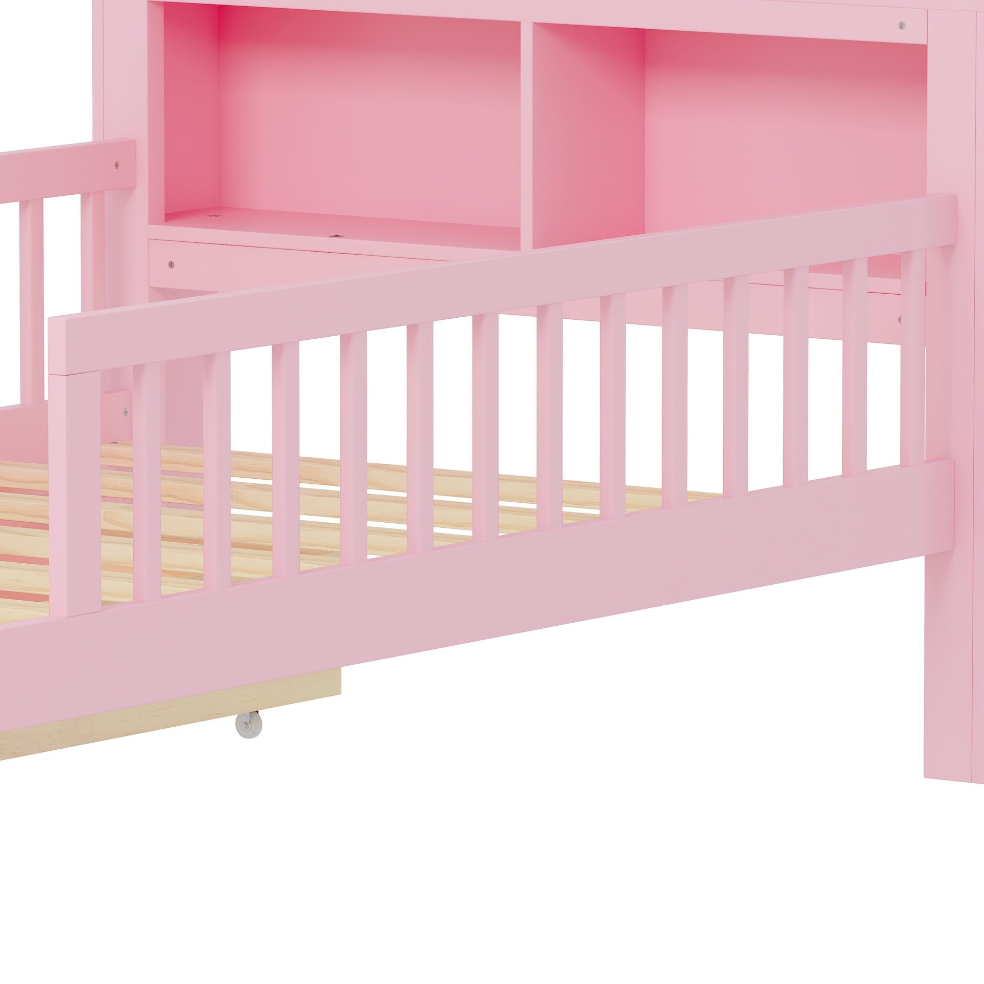 Twin Size Bed with Headboard Storage Rack, Two Under-Bed Drawers, Three-Side Guardrails for Safety and Security,Pink