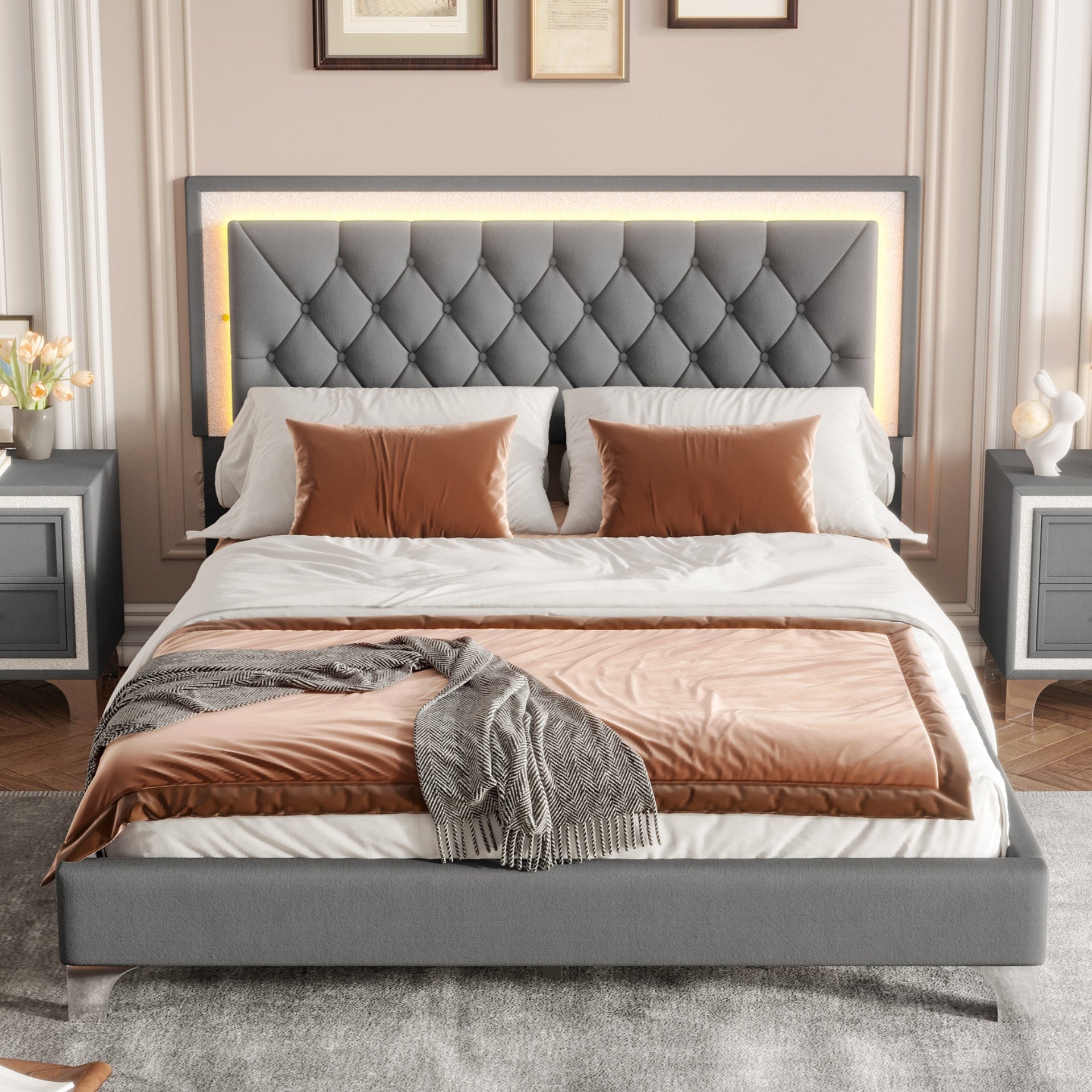 Queen Size Upholstered Bed Frame with LED Lights,Modern Velvet Platform Bed with Tufted Headboard,Gray
