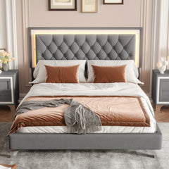 Queen Size Upholstered Bed Frame with LED Lights,Modern Velvet Platform Bed with Tufted Headboard,Gray