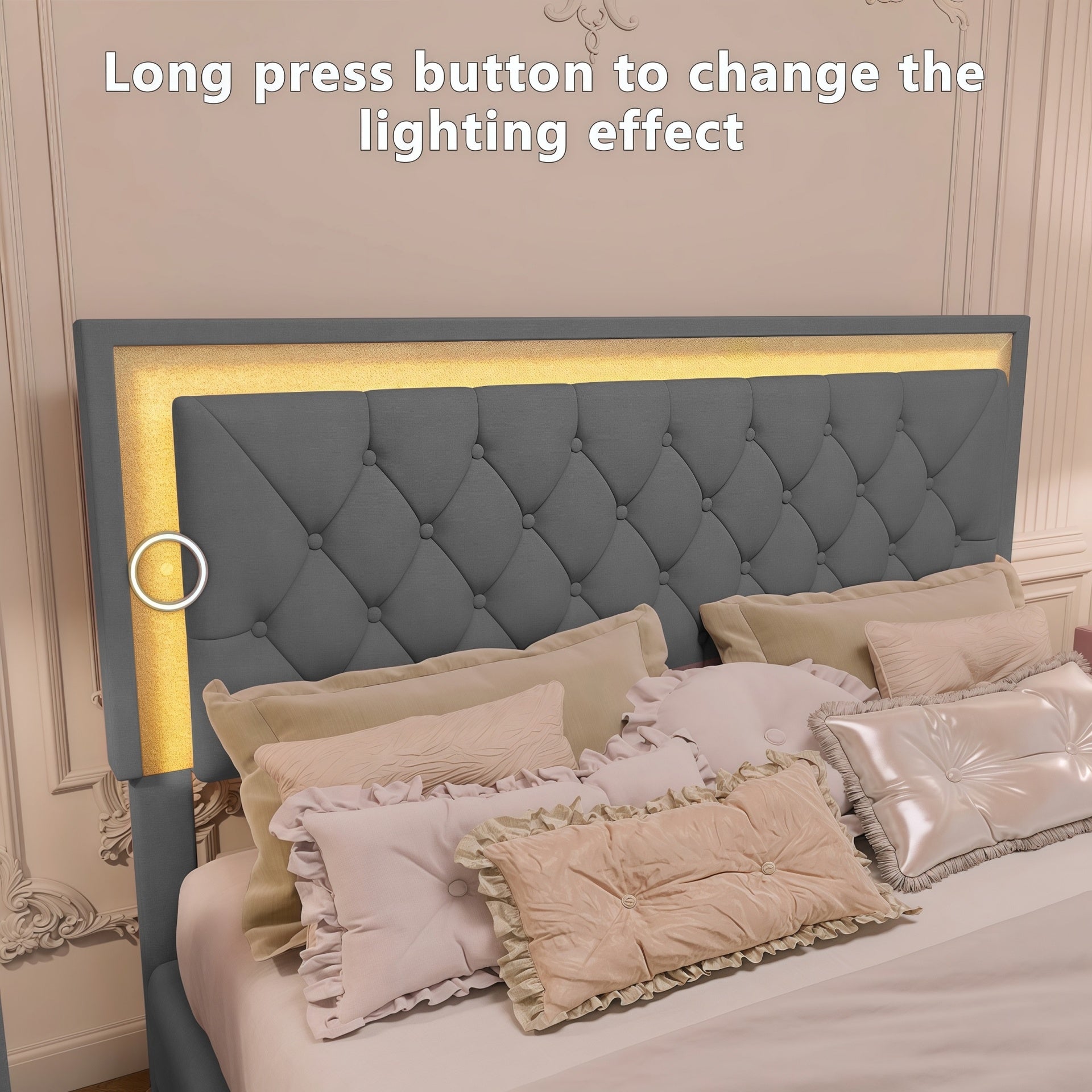 Queen Size Upholstered Bed Frame with LED Lights,Modern Velvet Platform Bed with Tufted Headboard,Gray