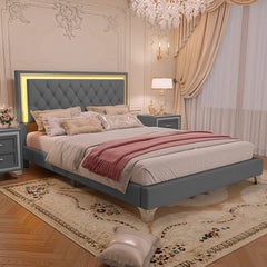 Queen Size Upholstered Bed Frame with LED Lights,Modern Velvet Platform Bed with Tufted Headboard,Gray
