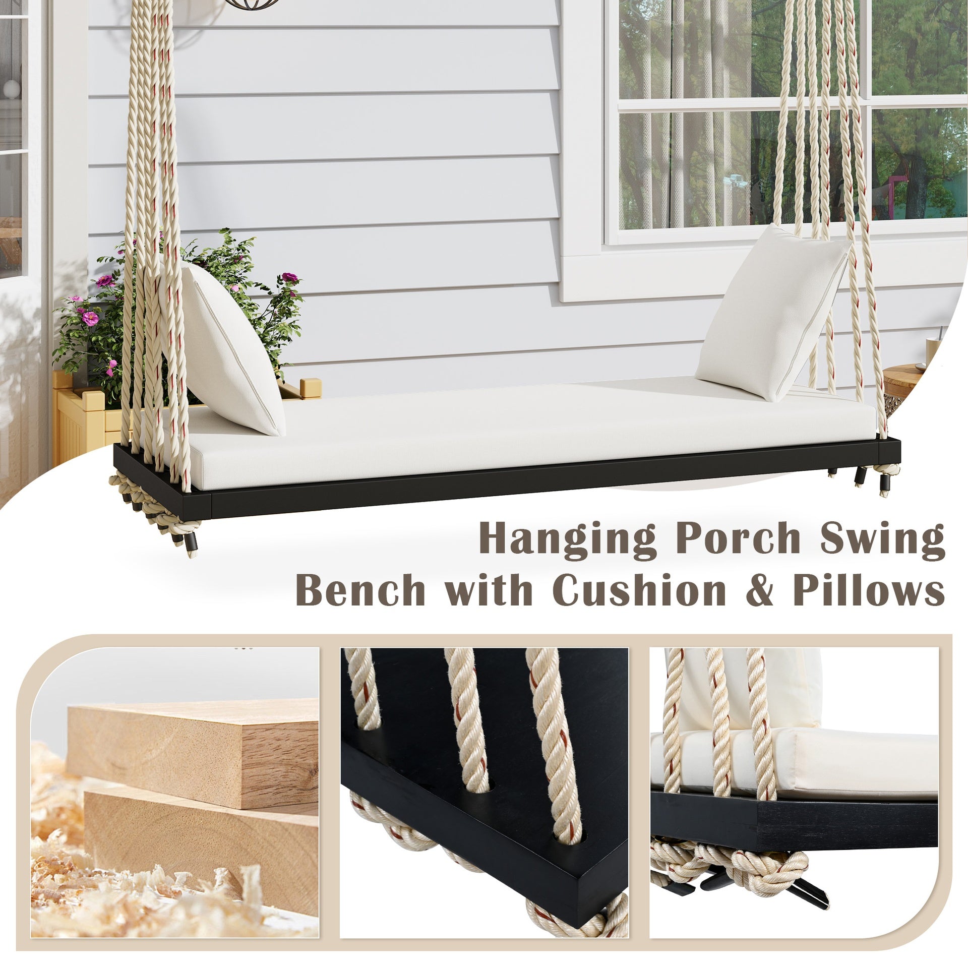 TOPMAX Patio Wooden Swing Chair, Hanging Porch Swing Bench with Cushion&Pillows, 10.8Ft Hemp Ropes for Garden,Backyard, Lawn,Black