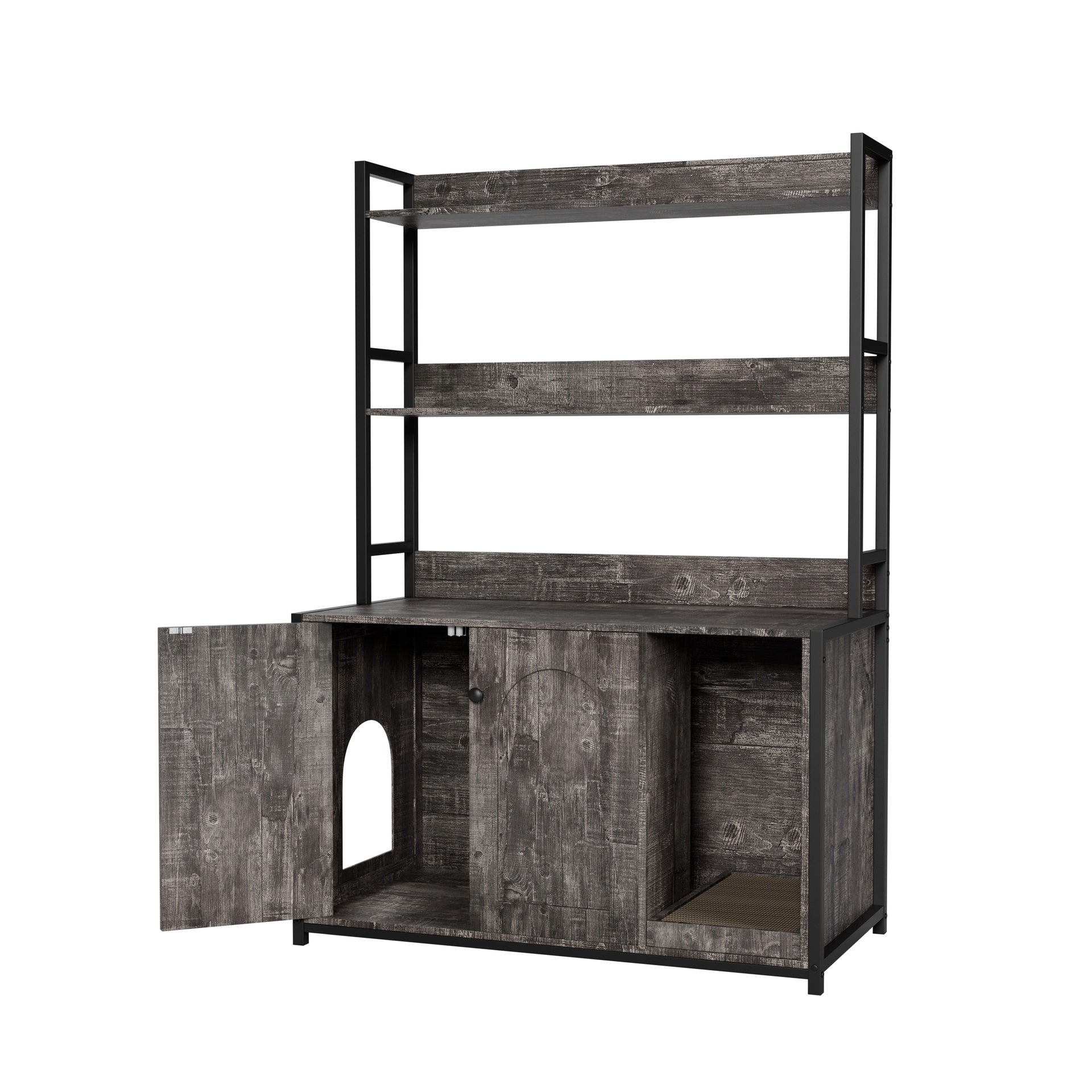 Large Cat Litter Box Enclosure With Shelf Storage, Hidden Cat Washroom Furniture, Wooden Cat House With Scratch Pad, Sturdy Indoor Cat Cabinet With 2 Doors(Grey)