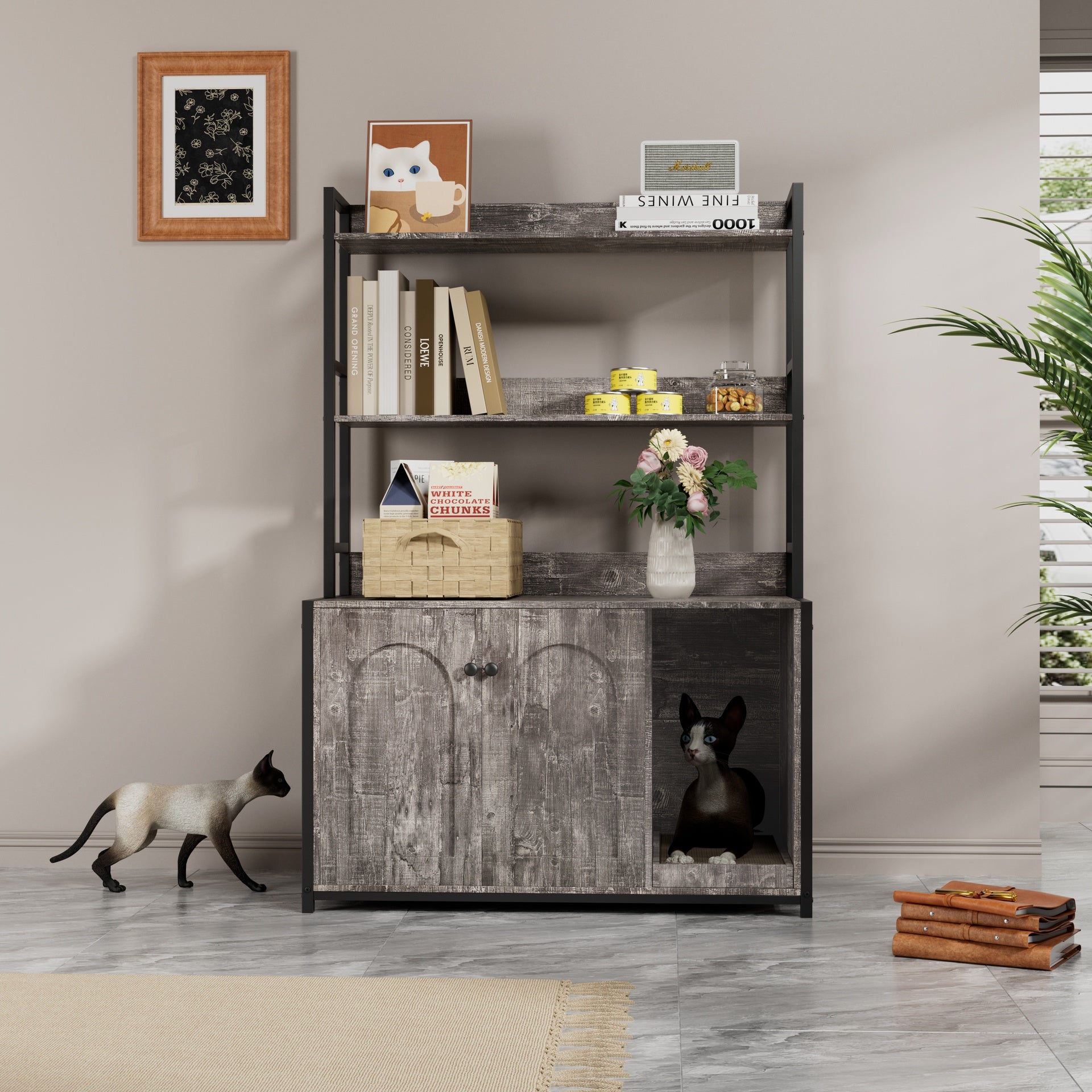 Large Cat Litter Box Enclosure With Shelf Storage, Hidden Cat Washroom Furniture, Wooden Cat House With Scratch Pad, Sturdy Indoor Cat Cabinet With 2 Doors(Grey)