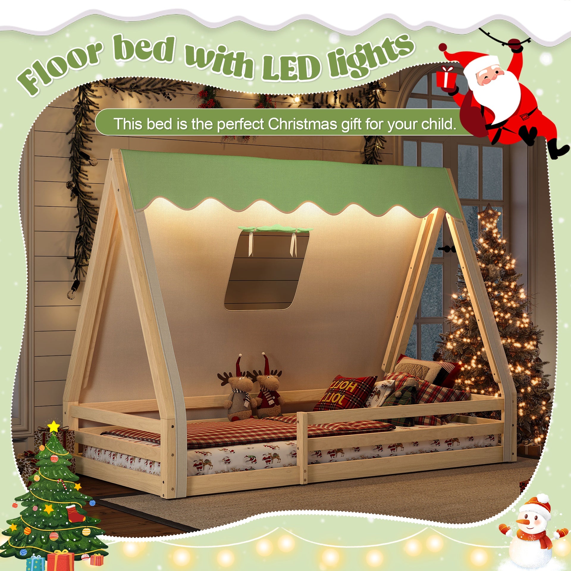 Twin Size House Floor Bed with Tent and Light, Solid Wood Teepee Floor Bed with Full-length Guardrails, Montessori and Childlike Design, Natural+Green